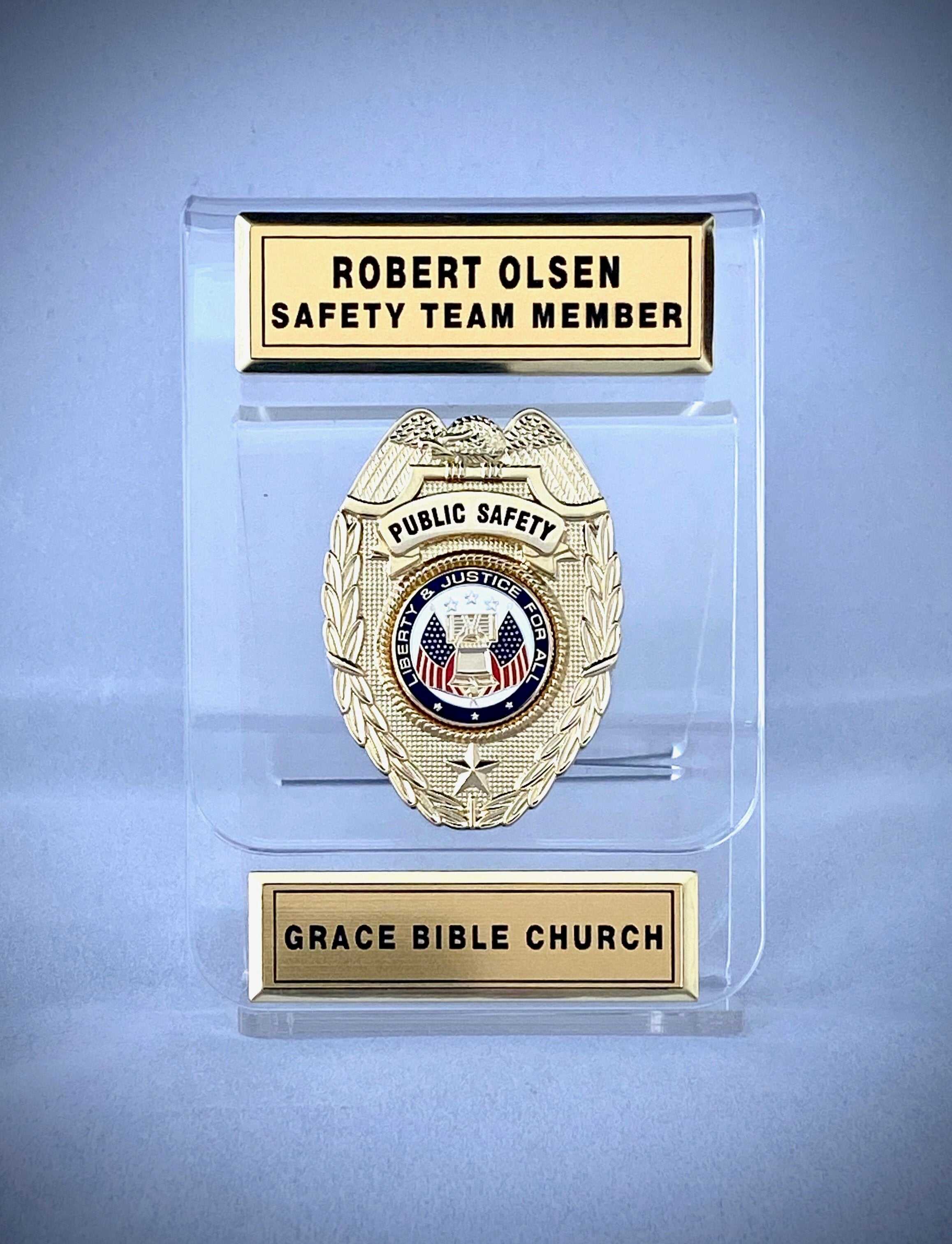 Public Safety Standard Shield (Acrylic Holder), Woman's Flat Style Plastic with Push Pins - Chaplain Badge